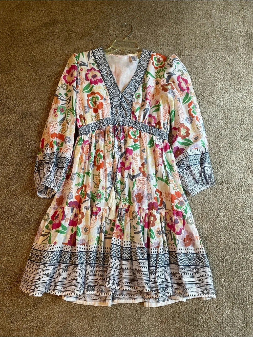 Kaktus Boho Floral Tiered Womens Dress with Blue Trim Size M V Neck Cottagecore - Picture 8 of 12